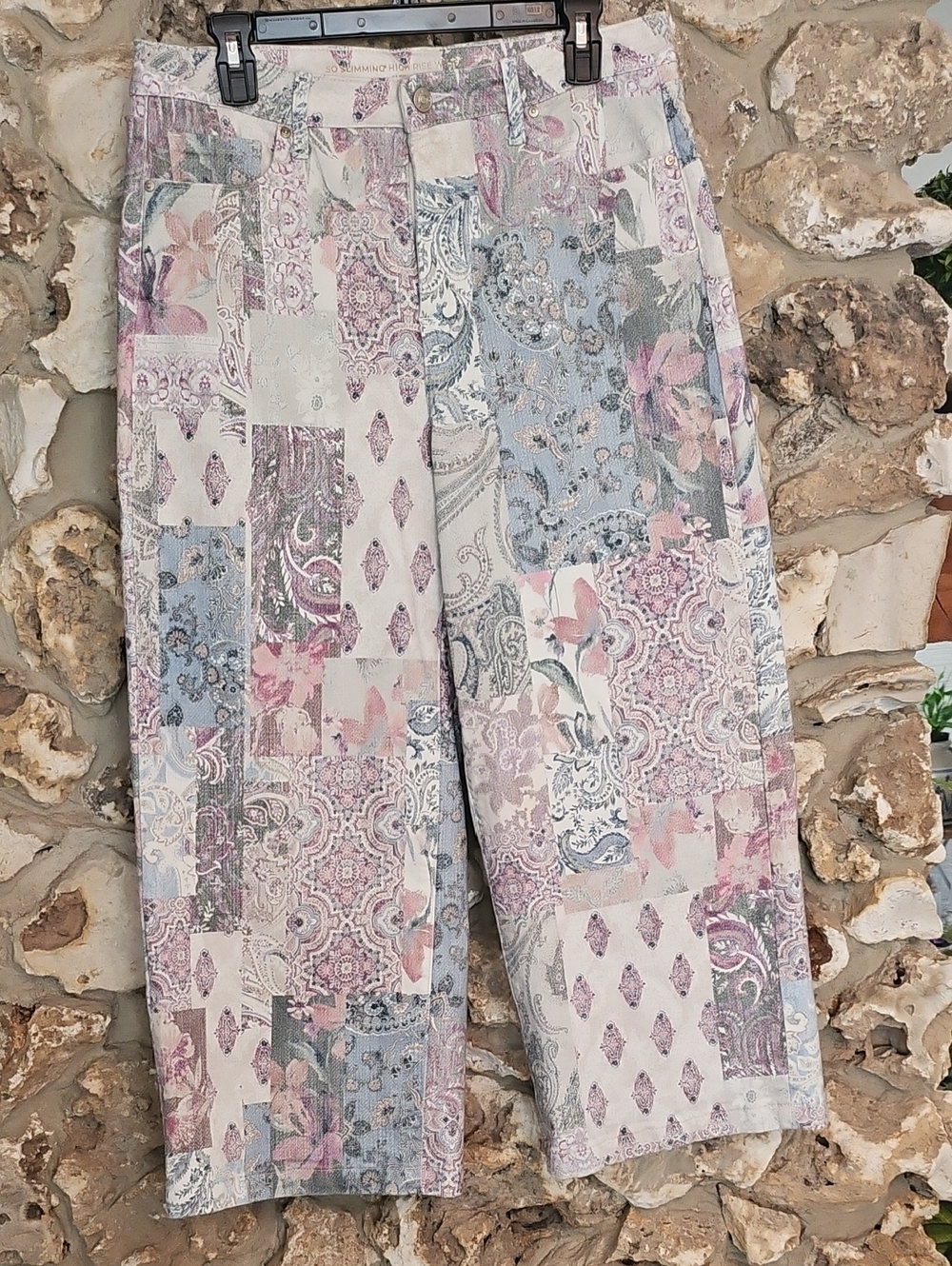 Chico's Cream W/ Foral Pants with Pink,, Blue and Green Paisley Print